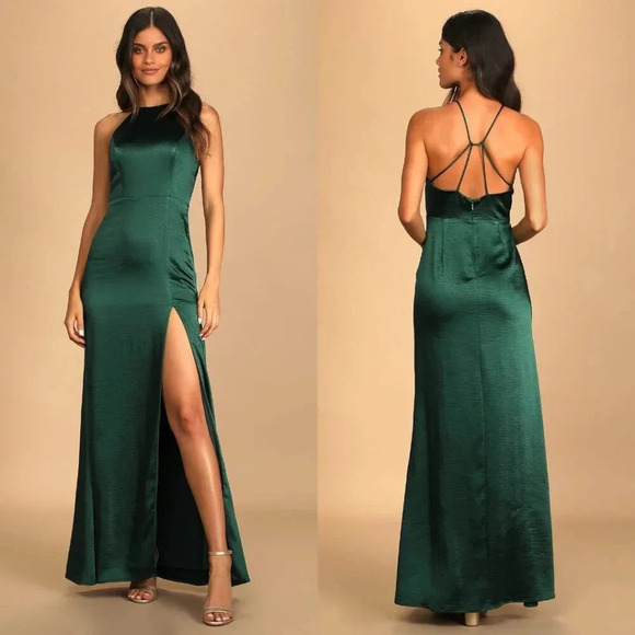 NWOT Lulus Make it Elegant Emerald Green Satin Strappy Maxi Dress - Picture 1 of 8